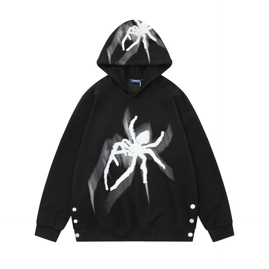 Loose Spider Print Embroidered Hoodie